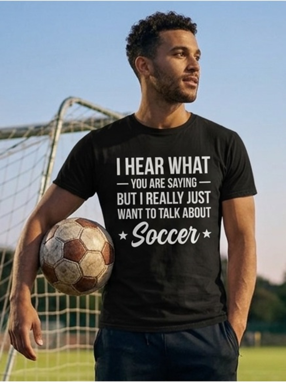 NWOT Men's Black Soccer Graphic Tee Funny I Hear What You Are Saying Size Medium